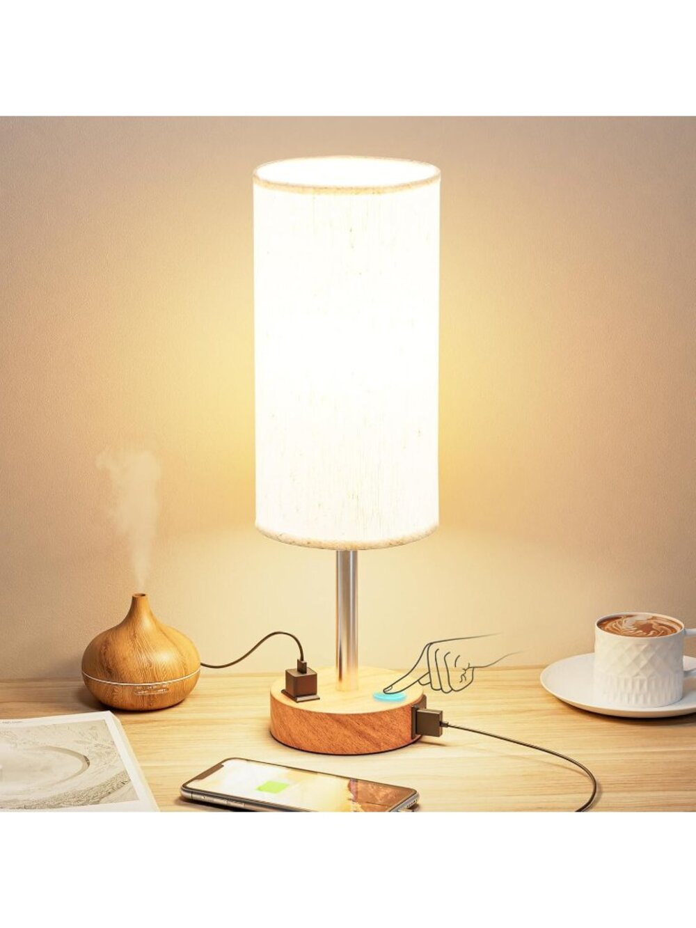 New Bedside Table Lamp for Bedroom - Dimmable Touch, USB A+C, AC Outlet